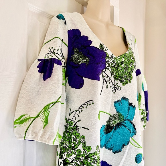 💟 ANTHROPOLOGIE Deletta Floral Puff Sleeve Tunic Top V-Neck Blouse Bohemian M - Picture 2 of 13